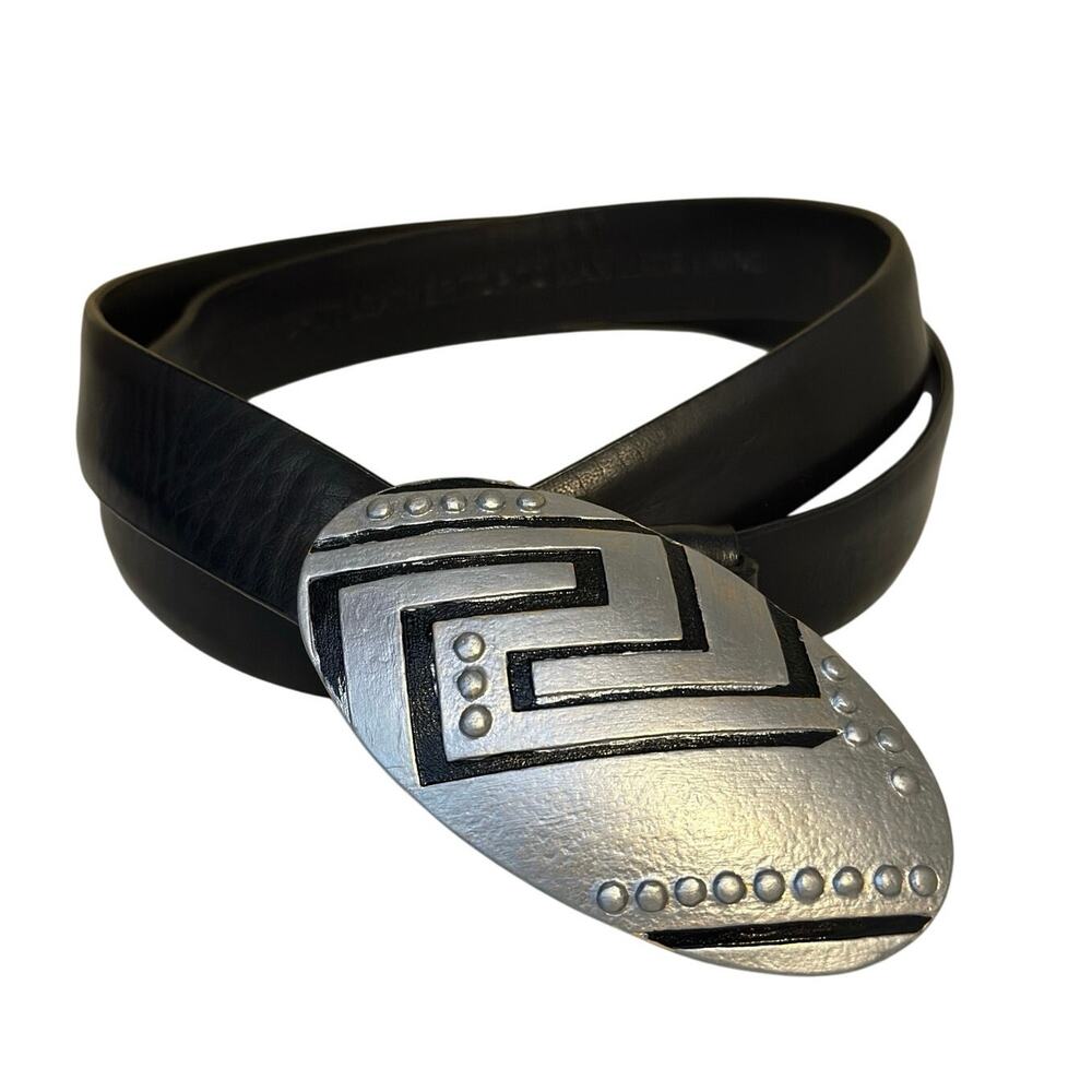 Chico’s Belt Black Leather Silver Hammered Metal Western Boho Aztec Buckle Small